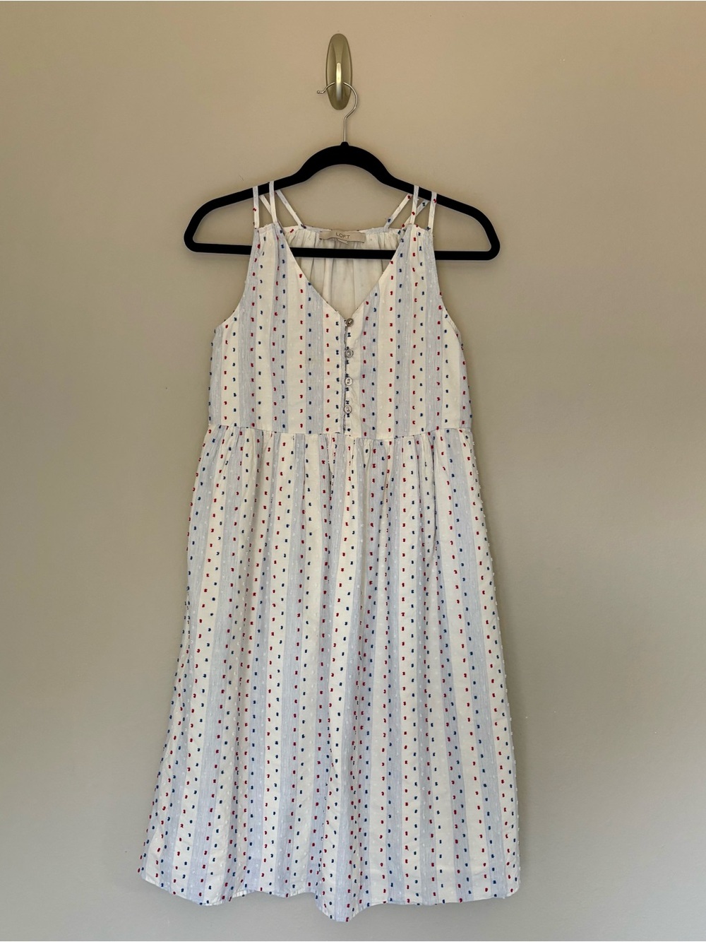 LOFT Clip Dot Patriotic Stripe Midi Dress Red White Blue Button Front Summer - 0